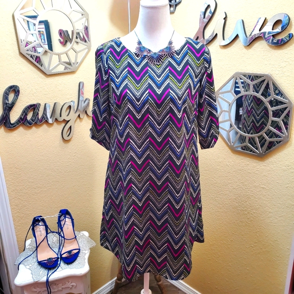 Lily Rose Black Chevron Print Popover Dress sz M